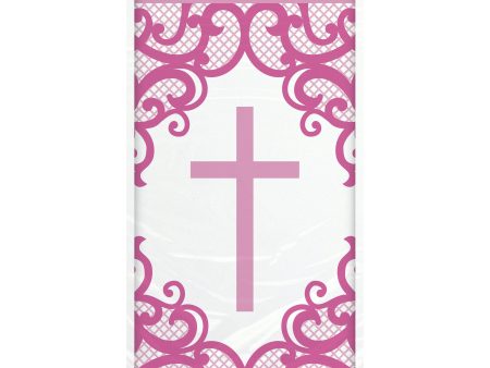 Fancy Pink Cross Rectangular Plastic Table Cover, 54 x84  on Sale